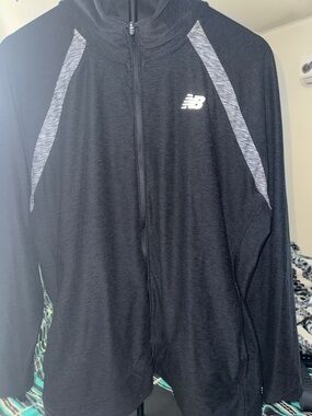 New Balance Black Hooded Full-Zip Jacket with Heather Gray Panels